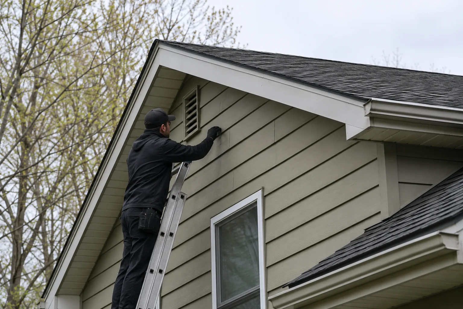 Technician evaluating potential bat entry points near a residential roofline
