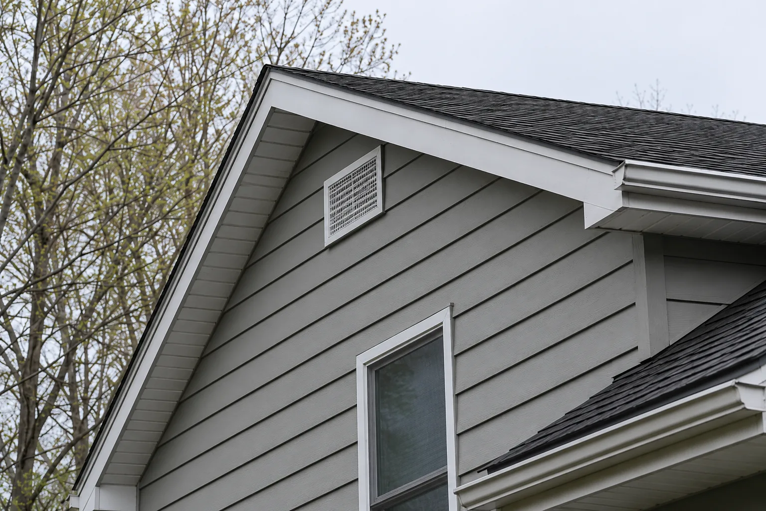 Clean white protective guard installed over a residential attic gable vent