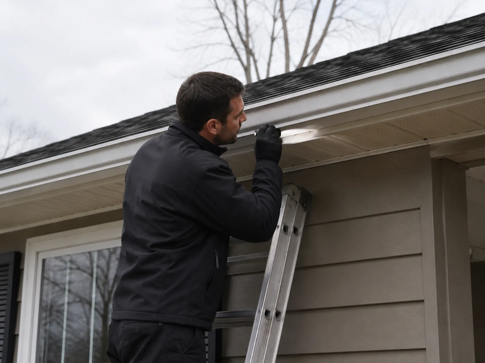 Technician on a ladder inspecting a residential soffit and roofline with a flashlight